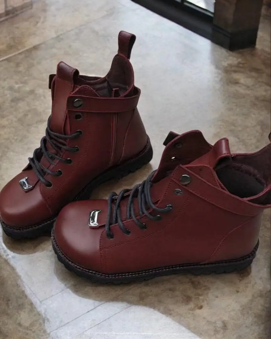 Burgundy Leather Combat Boots For Women Custom Winter